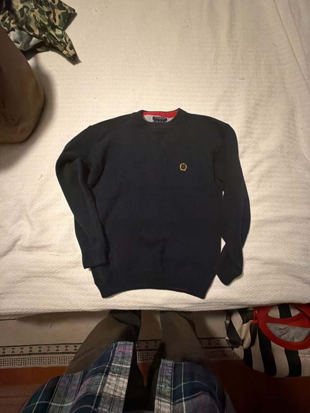 Tommy Hilfiger Men's Navy Blue Crest Logo Crew Neck Cotton Sweater Size Medium